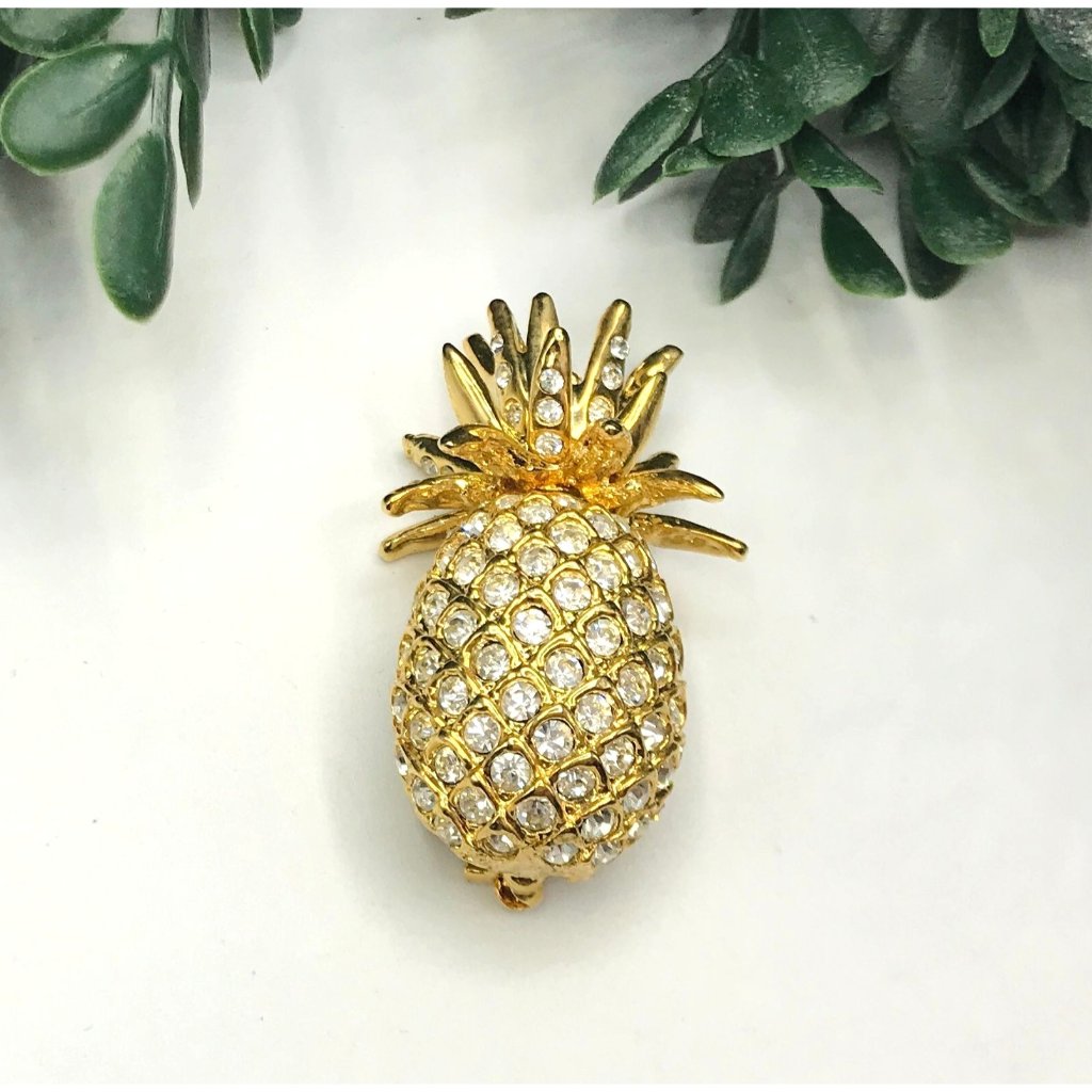 Vintage Brooch Gold Tone Pineapple Clear Rhinestones